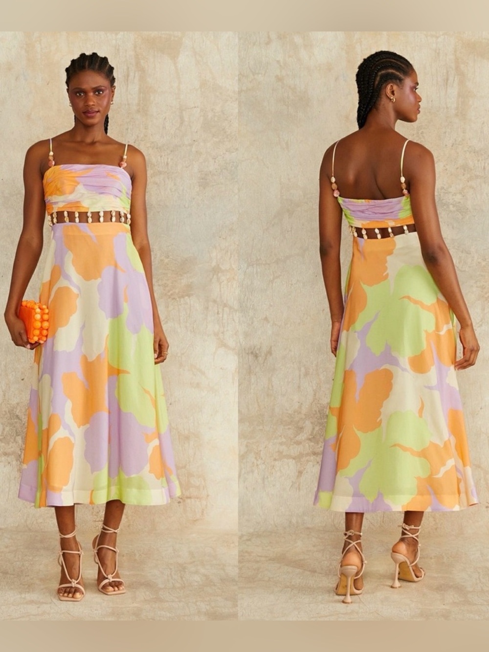 Amur Georgie Floral Beaded Waist Midi Dress Floral Print Pastel Size 4